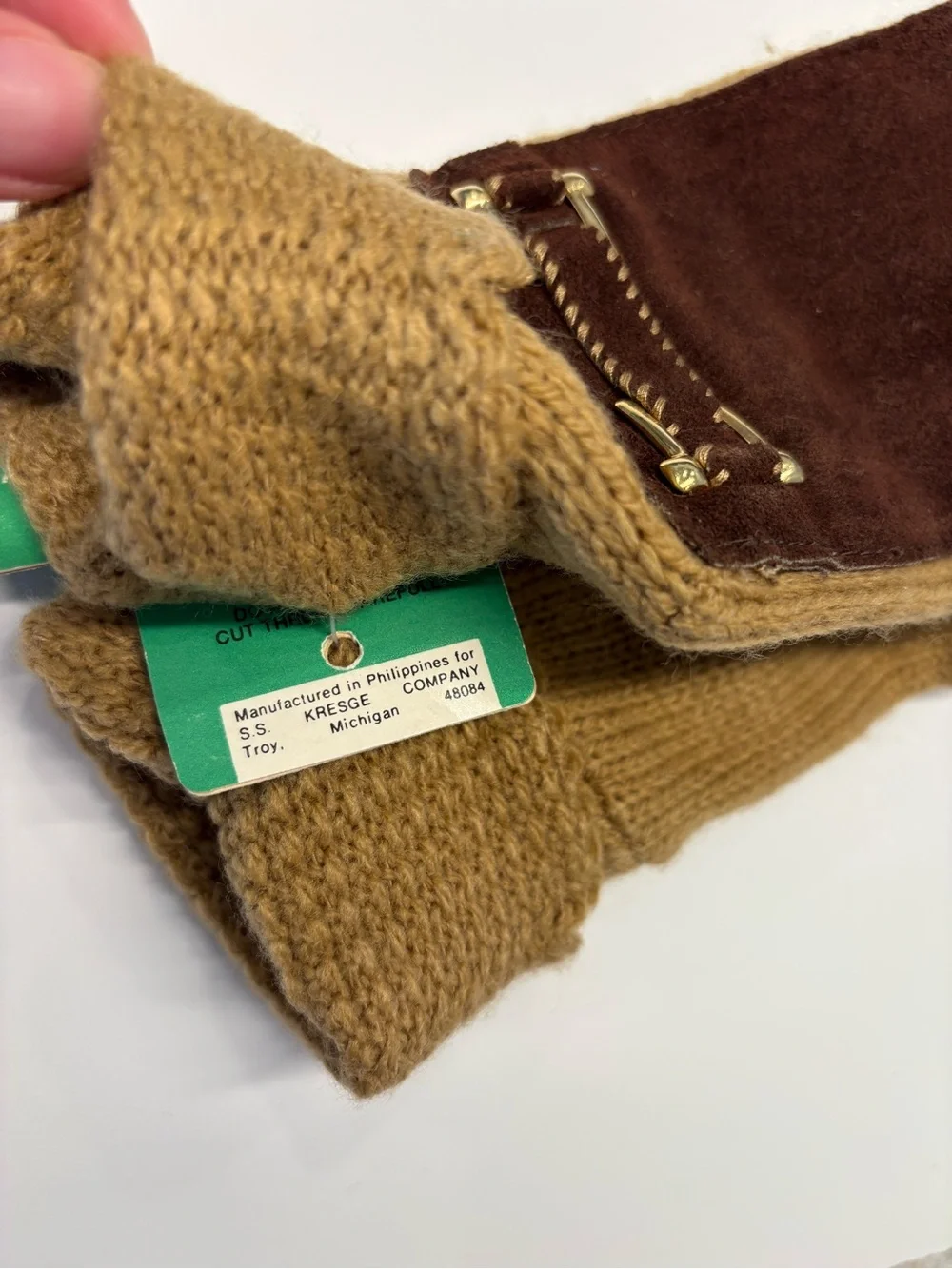 Vintage Deadstock Brown Knit and Genuine Suede Gloves NWT